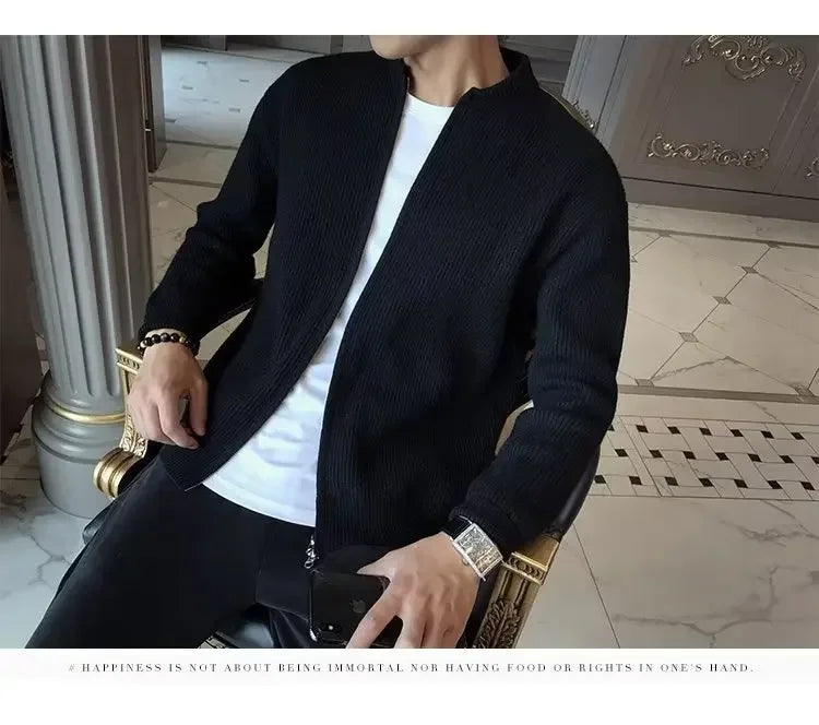 Autumn Winter Men's Solid Color Knitted Cardigan Sweater Jacket Casual Slimming Top Fashionable White Coat