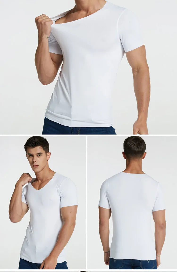 Fashion Summer Seamless Breathable Ice Silk T-Shirt Vest Men's Sports Short Sleeve T-shirt Ice Silk Solid Color V-neck M-5XL