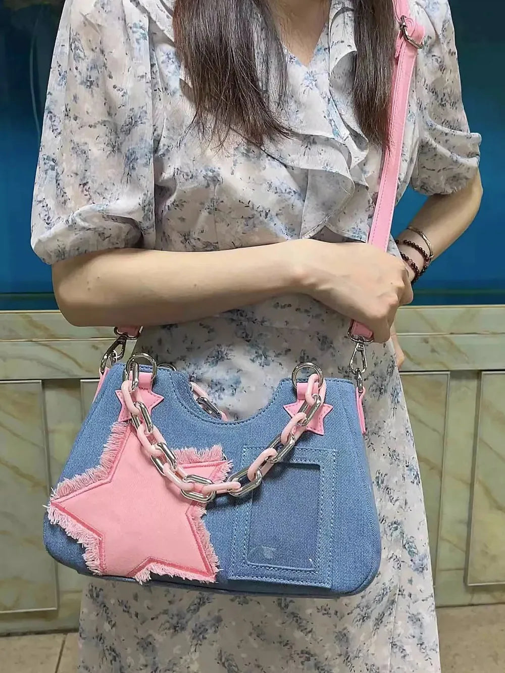 Splicing Hit Color Handbag Niche Design Chain Cowboy Handbag Star American Retro Itabag Y2k Shoulder Bag 2023 New Women'S Bag