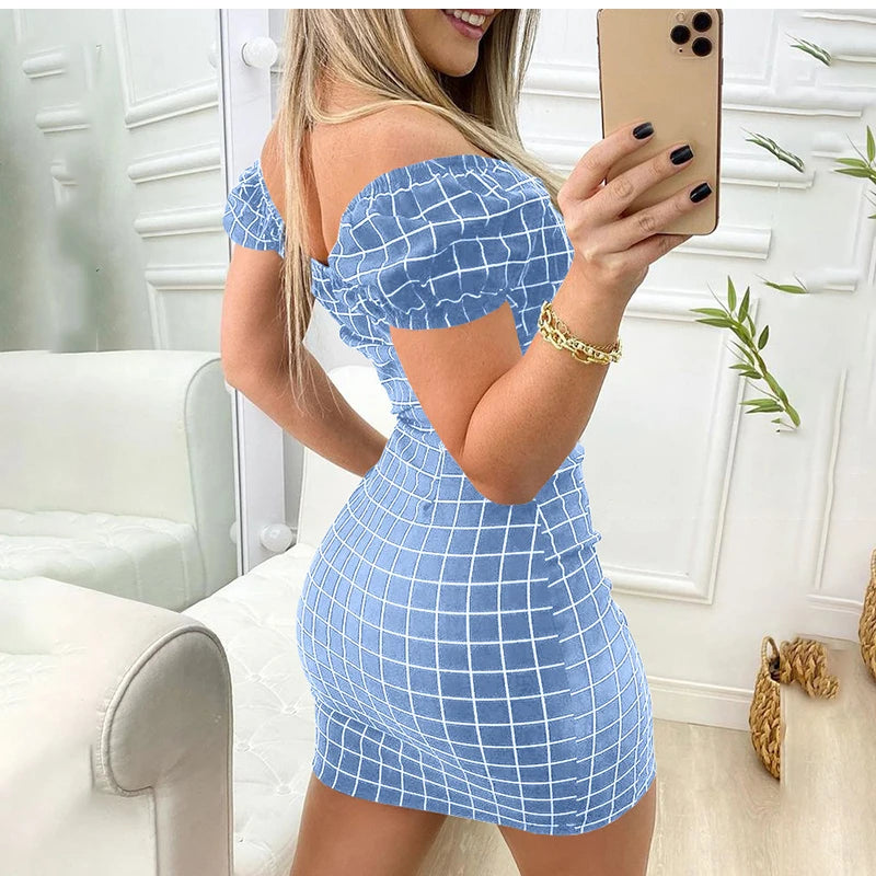 Summer Sexy Off Shoulder Mini Dress Women Fashion Casual Plaid Dresses Bodycon Beach Boho Party Dress For Women Robe Femme