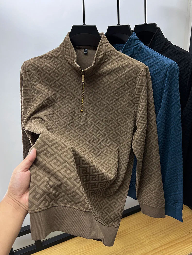 High end brand fashion jacquard retro sweater for men's 2023 spring autumn new casual trend half zipper standing collar pullover