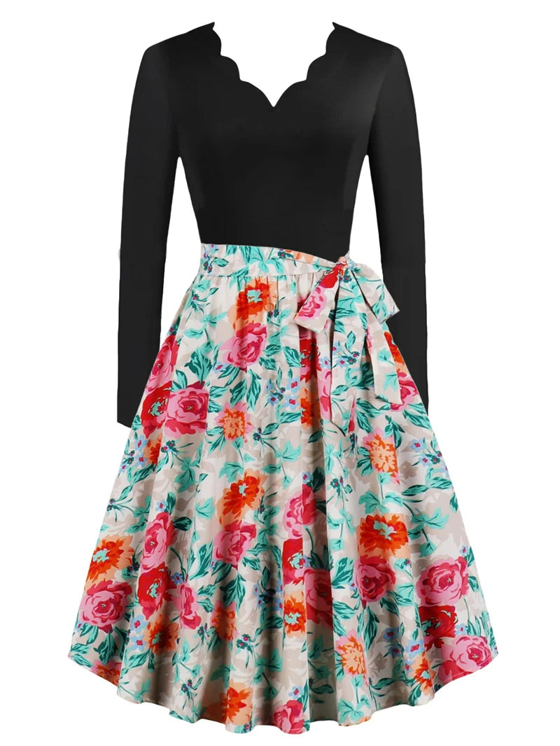 Sexy lace V-neck long sleeved pullover with slim fit floral print casual party A-line dress with belt included