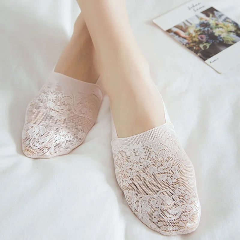 5Pair Women Socks Summer Thin Breathable Silicone Non-slip Ladies Invisible Lace Boat Sock Transparent Fashion Calcetines Mujer