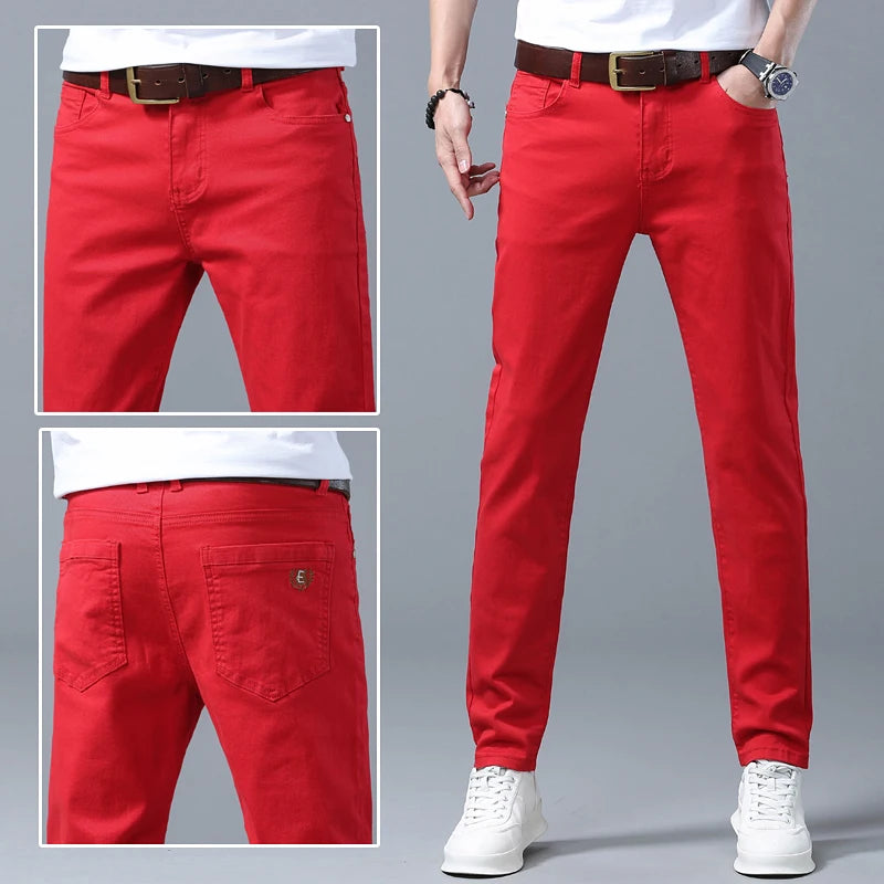Men High Quality Pink Red Yellow Jeans Fashion Casual Classic Style Slim Fit Soft Trousers Male Brand Advanced Stretch Pants