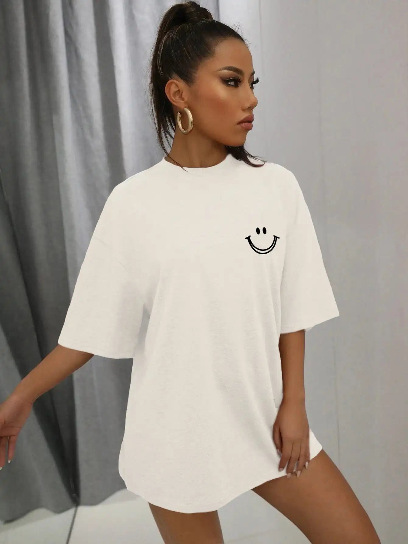 Happy Expression Printed Womens Cotton Short Sleeve Street Hip Hop Tee Clothing All-math Breathable Tops Crewneck Woman T-Shirts