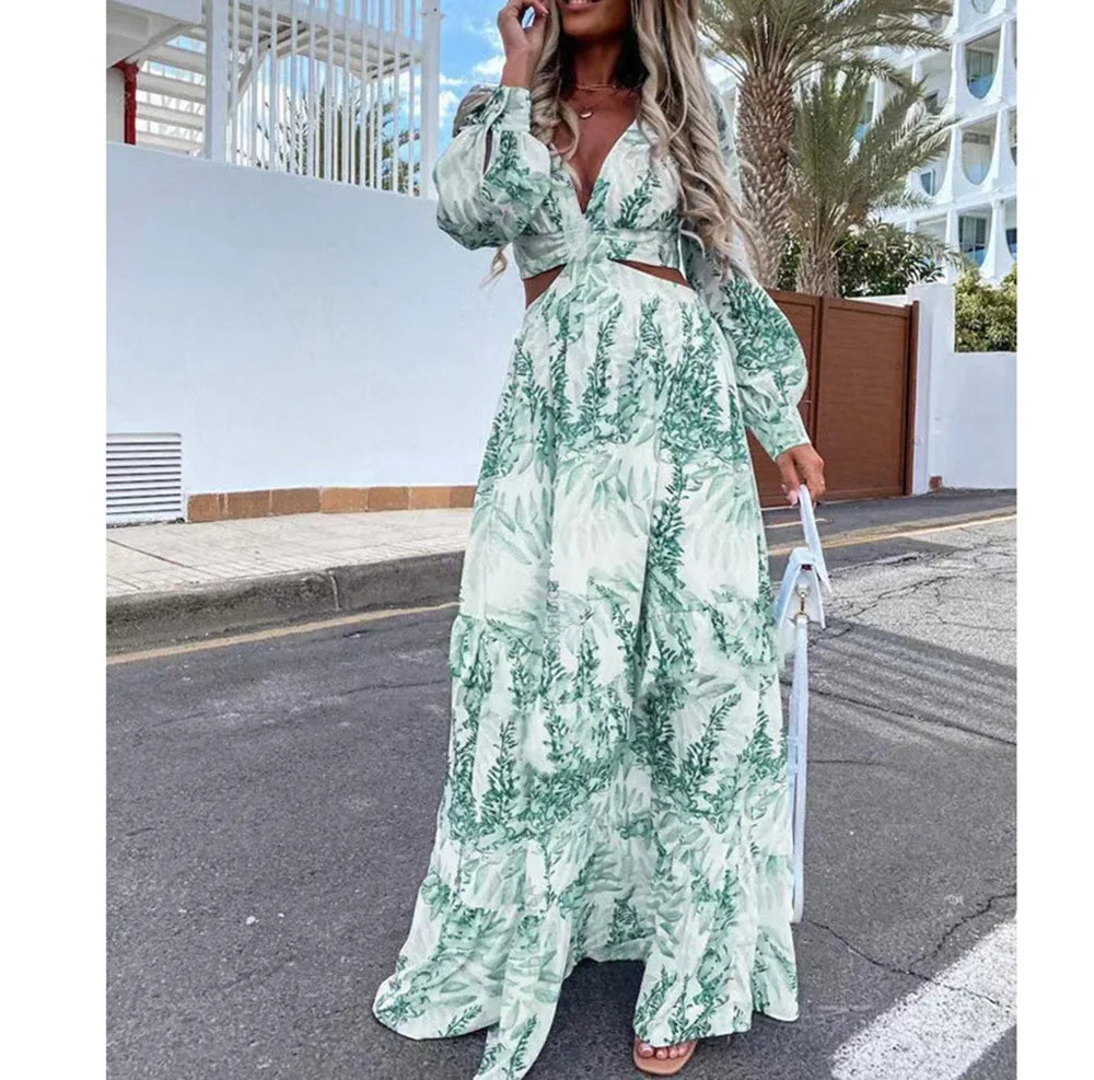 Spring New Long Dress Fashion Print Sexy Deep V-neck Long Sleeved Dress Women's Elegant Hollow Out Ruffle Spliced Maxi Dress