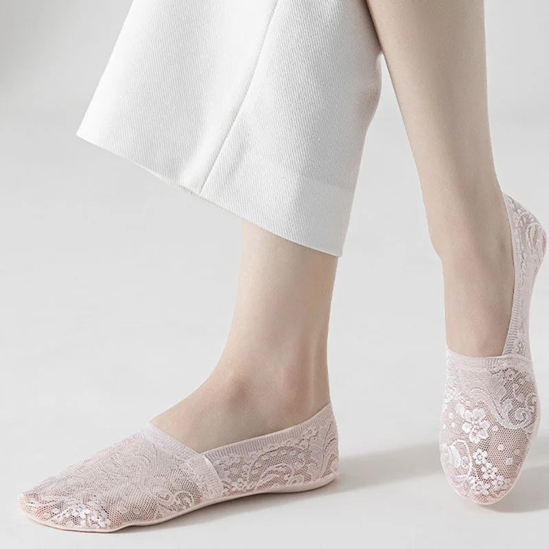 5Pair Women Socks Summer Thin Breathable Silicone Non-slip Ladies Invisible Lace Boat Sock Transparent Fashion Calcetines Mujer