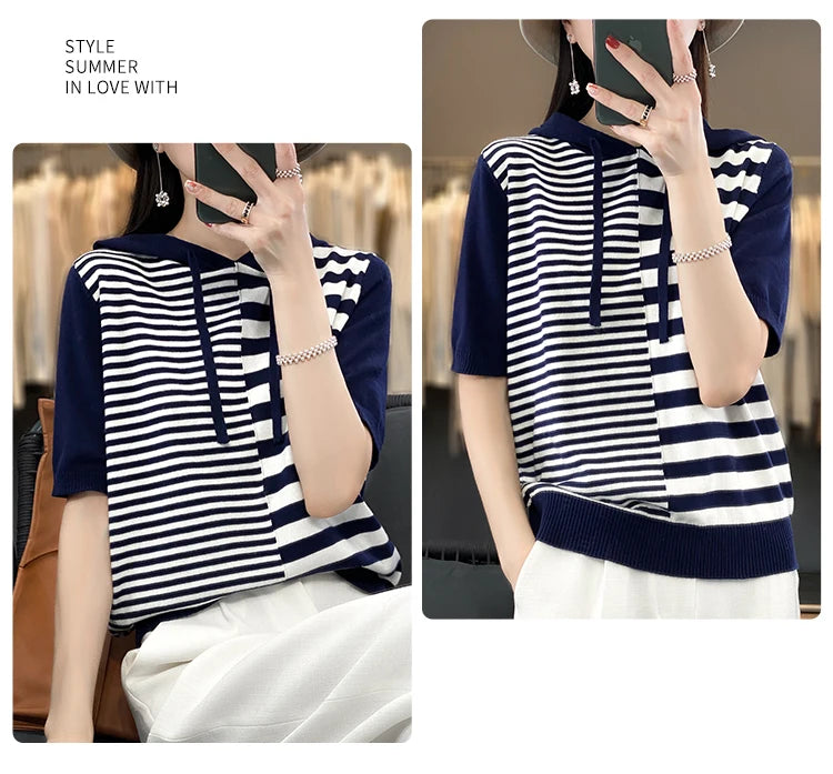 Summer New 100% Cotton Women's T-shirt Short Sleeve Loose Contrast Hooded Collar Pullover Casual Fashion Knitted T-shirt Top