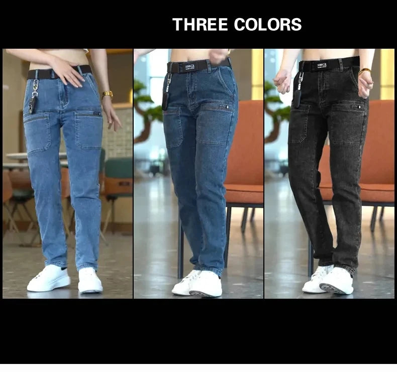 2024 New Brand Mens Casual Multiple Pockets Jeans Mid-Waist Elastic Straight Denim Trousers Versatile Loose Personality Pants