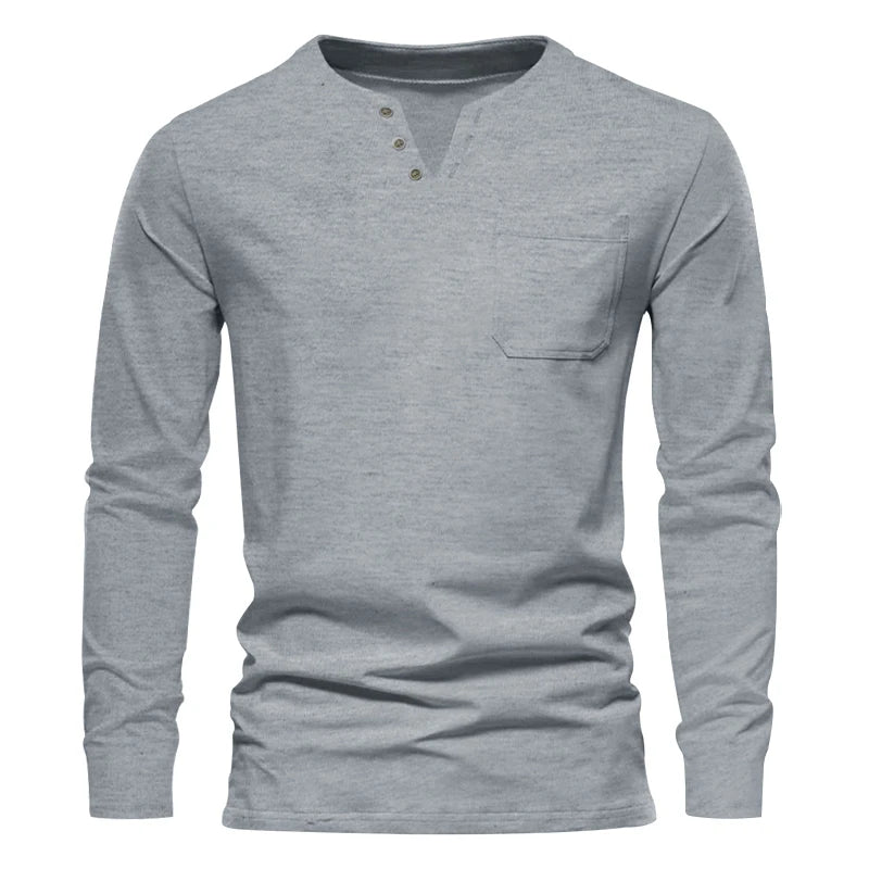 Autumn and Winter Cross border Leisure V-neck Men's Fashion Trend Sports T-shirt Slim Fit Pocket Men's T-shirt Long Sleeve Top