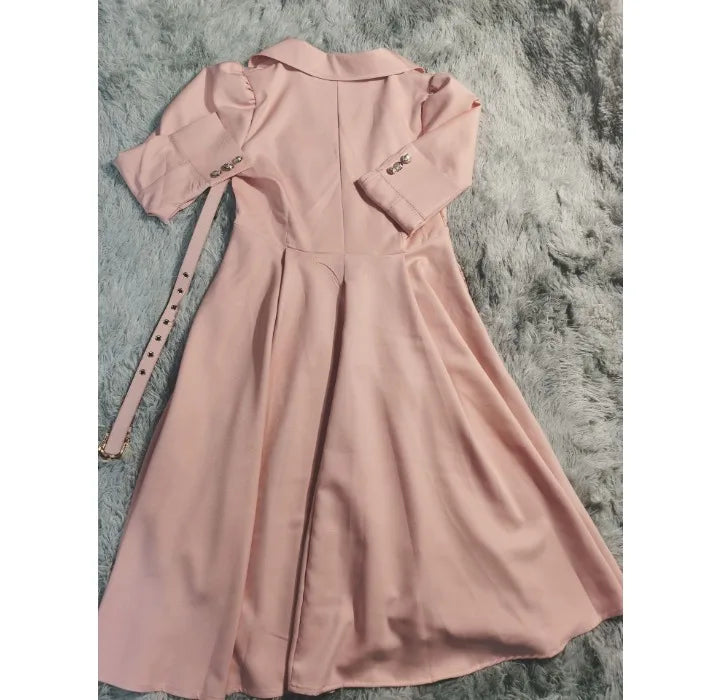 Dress for Women Autumn 2023 Fashion Versatile Casual Solid Button Long Lapel Pleated Strap Waistband Pullover Dresses Streetwear
