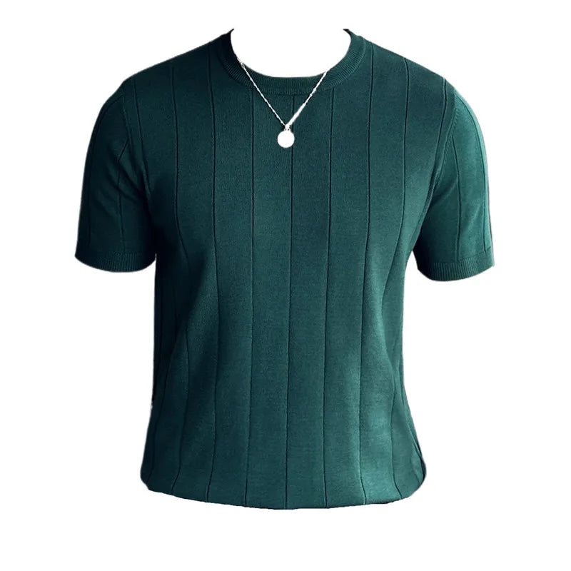 2024 New High Quality, Business Casual Men's Short-Sleeved O-neck Sweater, Daily Slim Fit T-shirt, Stretchable Striped Top M-3XL