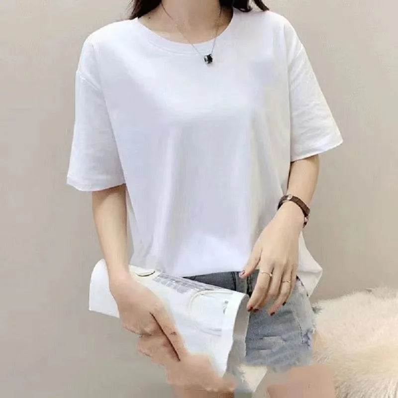 Women's Summer New Round Neck Minimalist Commute Printed Letter Solid Color Short Sleeve Loose All-match Cotton T-shirts Tops
