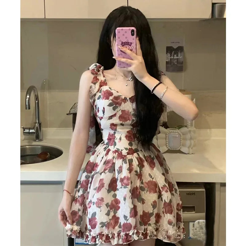 Summer New French Vintage Floral Halter Dress V-neck Sleeveless A-line Cute Short Dress Birthday Party Dress Camisole Dresses
