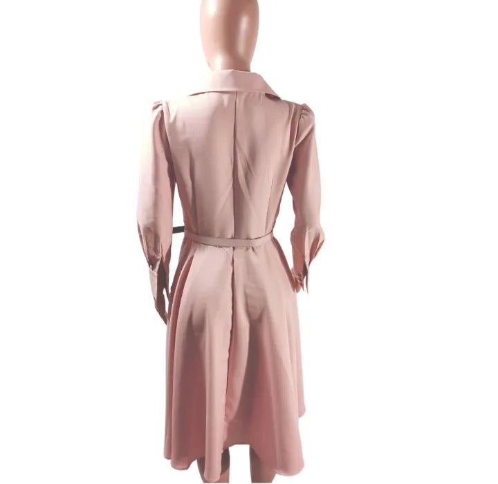 Dress for Women Autumn 2023 Fashion Versatile Casual Solid Button Long Lapel Pleated Strap Waistband Pullover Dresses Streetwear