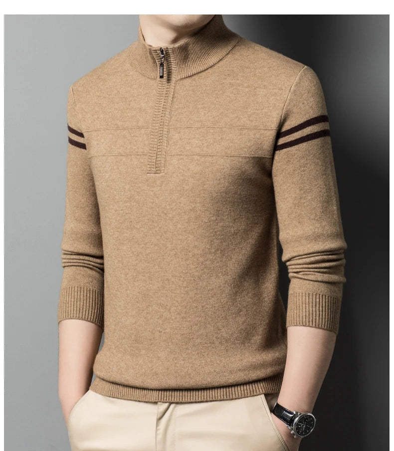 Men's autumn and winter high collar half zipper 100% wool sweater 2024 thick long sleeve warm pullover business casual knitted s