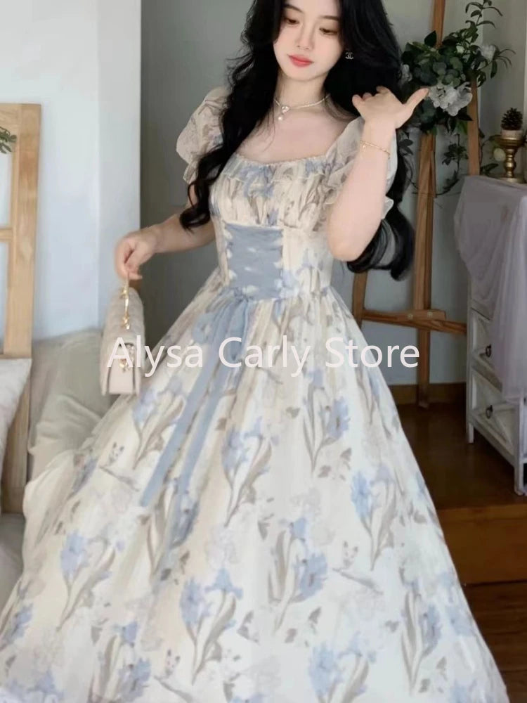 Elegant Vintage Floral Midi Dress Women Ruffles Design Casual Korean Fairy Dress Female 2024 Summer Lace-up Vacation Party Dress