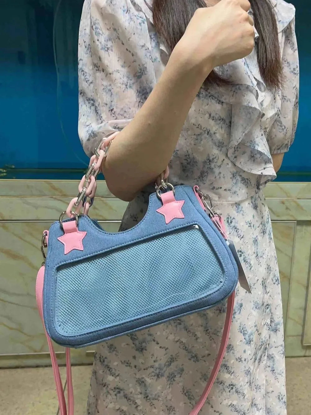 Splicing Hit Color Handbag Niche Design Chain Cowboy Handbag Star American Retro Itabag Y2k Shoulder Bag 2023 New Women'S Bag
