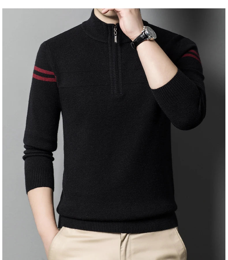 Men's autumn and winter high collar half zipper 100% wool sweater 2024 thick long sleeve warm pullover business casual knitted s