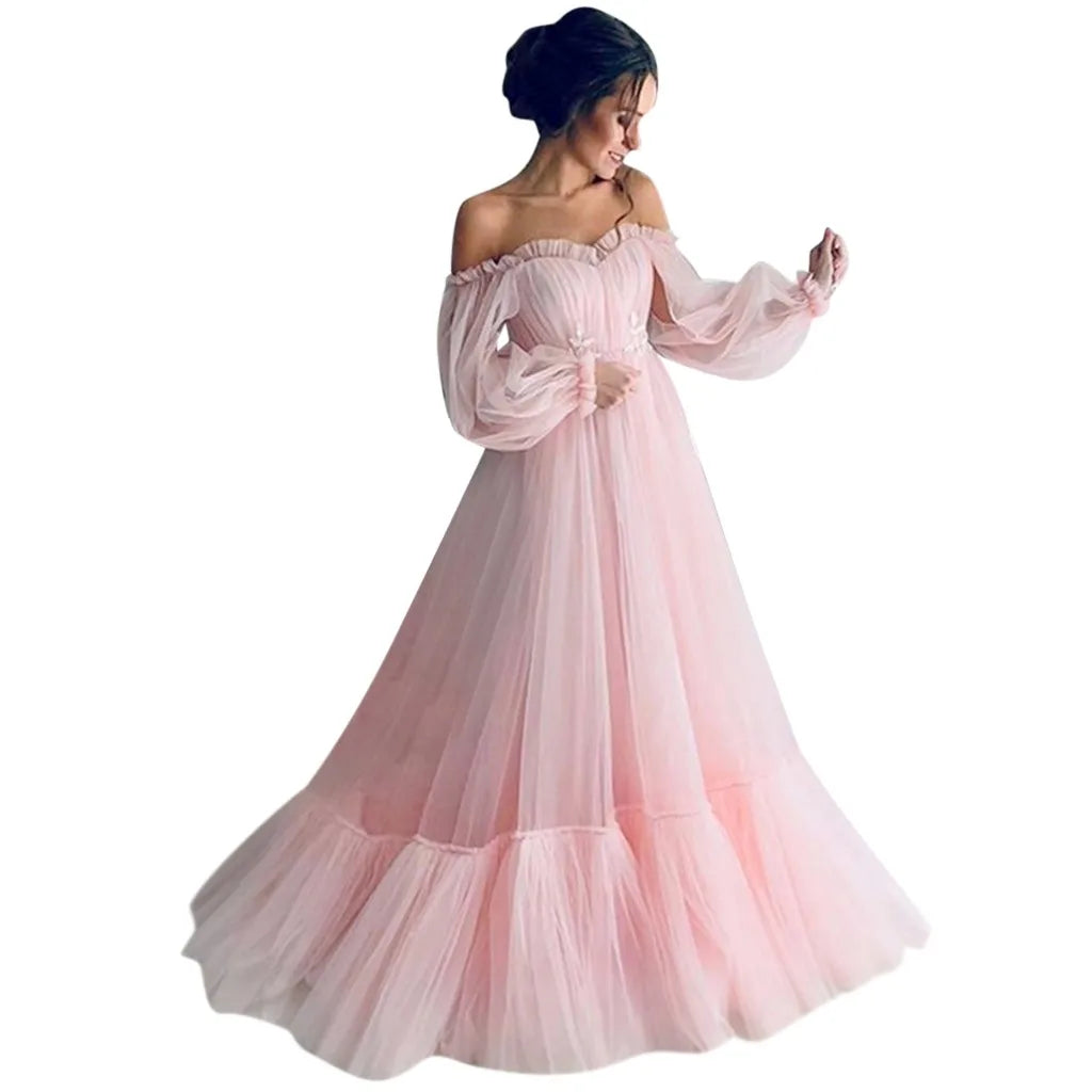 Off Shoulder Sweetheart Overlay Tulle Champagne Bloom Flower Bridal Dress Women Dress Fairy Solid Color Puffy Mesh Wedding Gowns