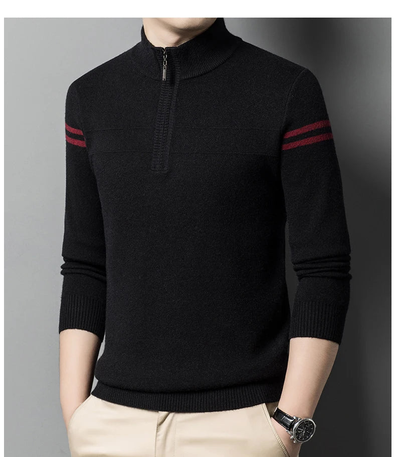 Men's autumn and winter high collar half zipper 100% wool sweater 2024 thick long sleeve warm pullover business casual knitted s