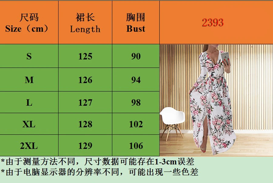 Amazon eBay Cross border 2024 Summer Chiffon Printed Long Dress V-neck Dress Long Sleeve Split Dress Women
