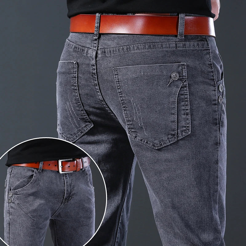 2024 New Fashion Jeans Men Korean Style Straight Grey Middle Waist Pants Male Casual Denim Trousers