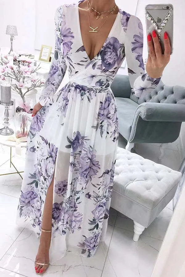 Amazon eBay Cross border 2024 Summer Chiffon Printed Long Dress V-neck Dress Long Sleeve Split Dress Women