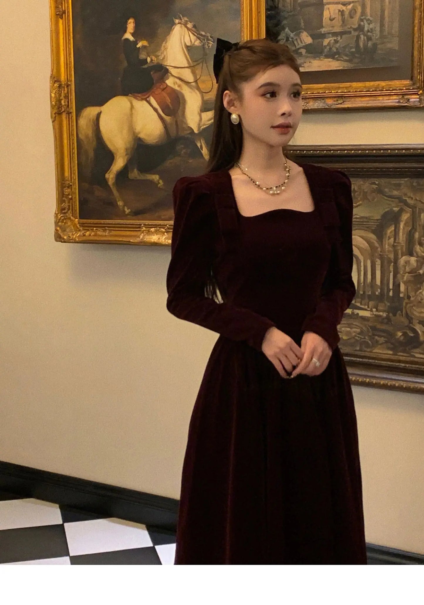 French Vintage Christmas Red Velvet Dress Square Collar Evening Party Prom Vestidos Women Elegant Autumn Winter Clothes