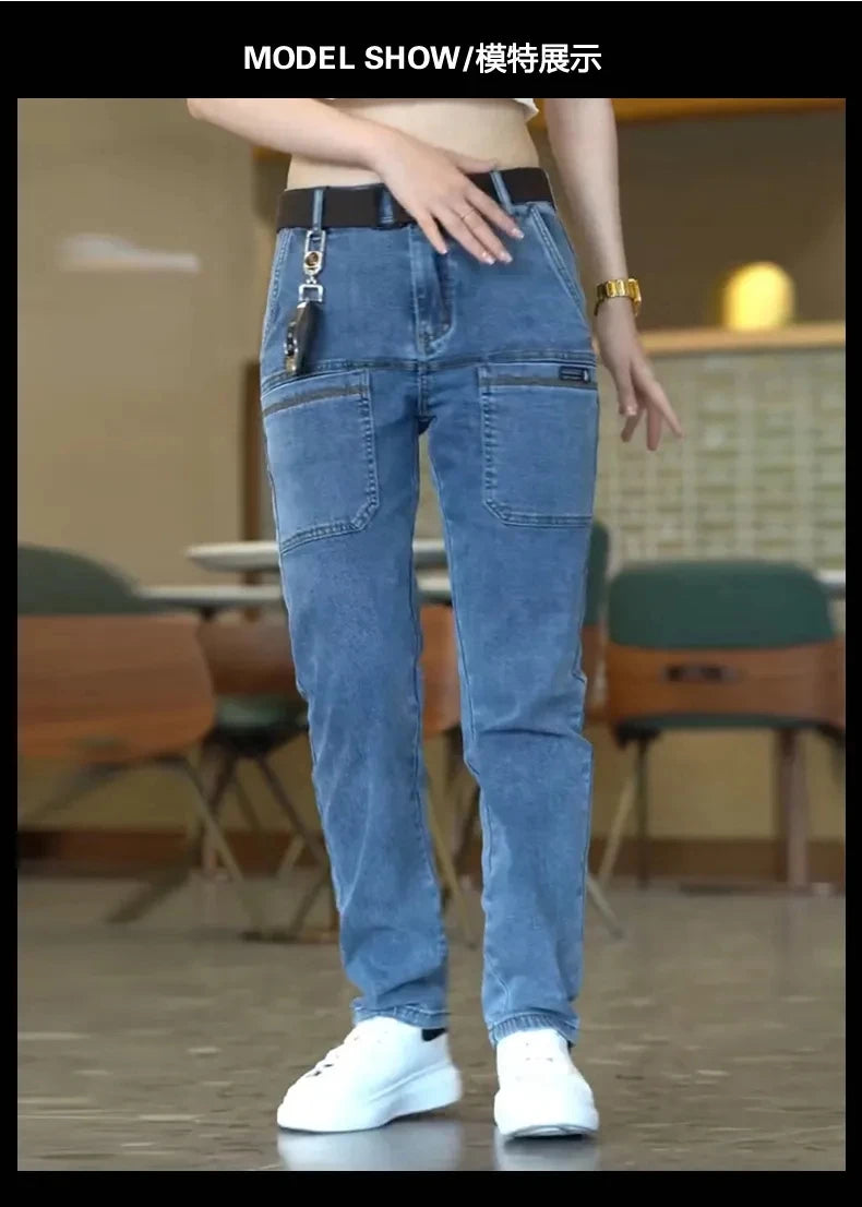 2024 New Brand Mens Casual Multiple Pockets Jeans Mid-Waist Elastic Straight Denim Trousers Versatile Loose Personality Pants