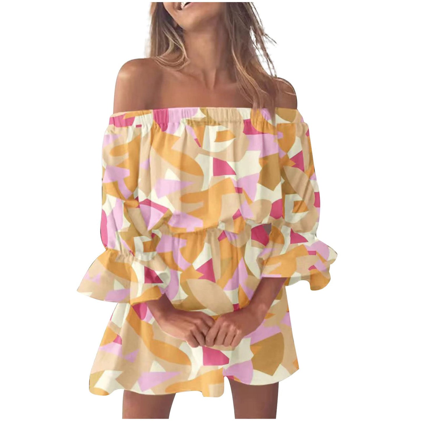 Boho Dresses for Women 2023 Summer Sexy Off Shoulder Floral Print Flare Sleeve Tunic Dress Women Casual Mini Sundress Vestido