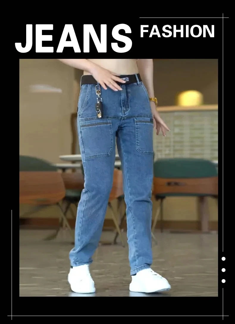 2024 New Brand Mens Casual Multiple Pockets Jeans Mid-Waist Elastic Straight Denim Trousers Versatile Loose Personality Pants