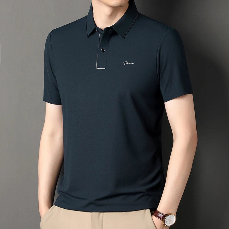 Handsome 2024 Summer Ice Silk Seamless Breathable Polo Shirt Men Short Sleeved Embroidery Casual Lapel T-shirt Men's Clothing