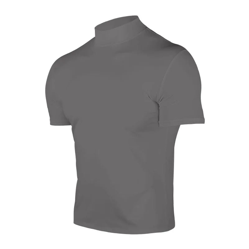 Cross-border Amazon 2024 summer solid color short-sleeved fashion bottoming shirt men's tight turtleneck T-shirt