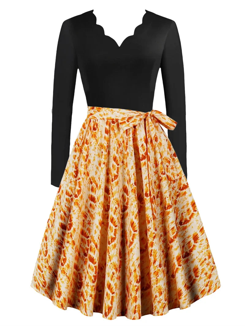 Sexy lace V-neck long sleeved pullover with slim fit floral print casual party A-line dress with belt included