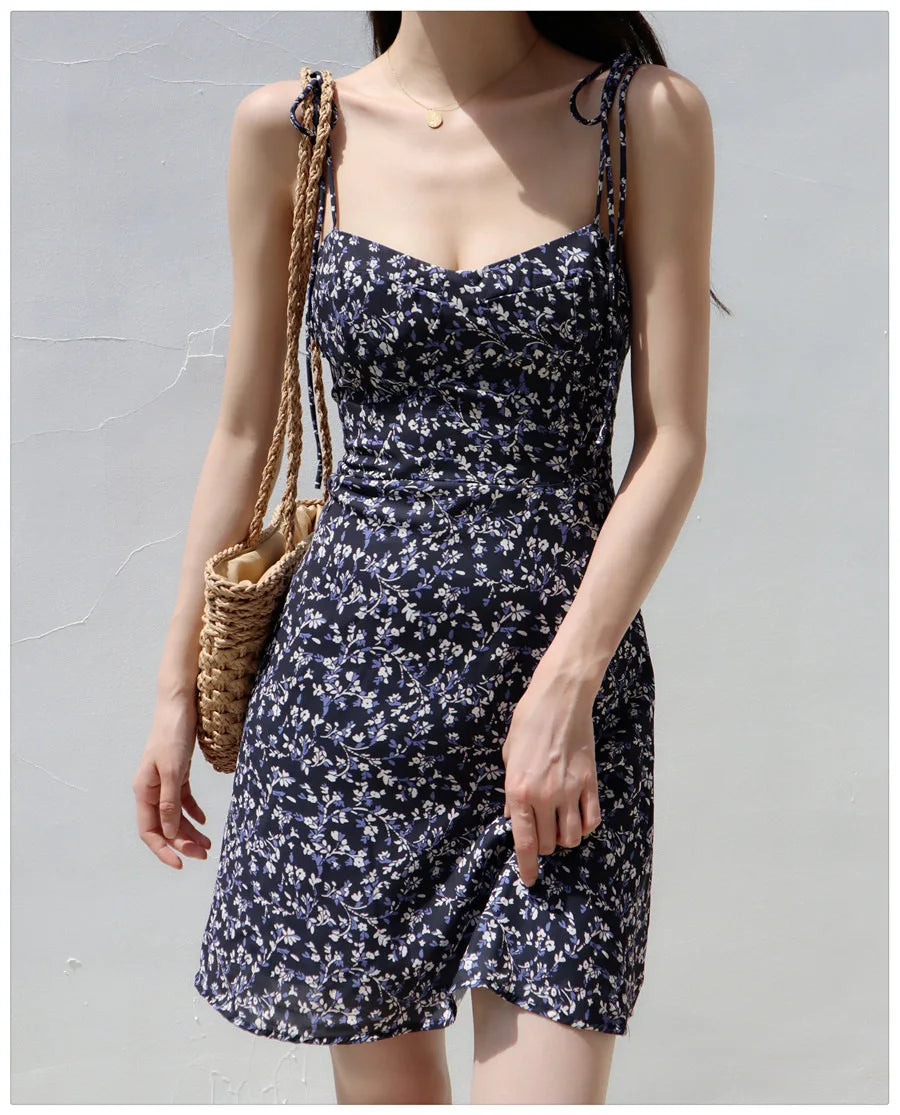 Bandage Floral Spaghetti Strap Dress Womens Y2k Clothes Sleeveless Mini Fashion Summer Short Party Backless Dresses for Women