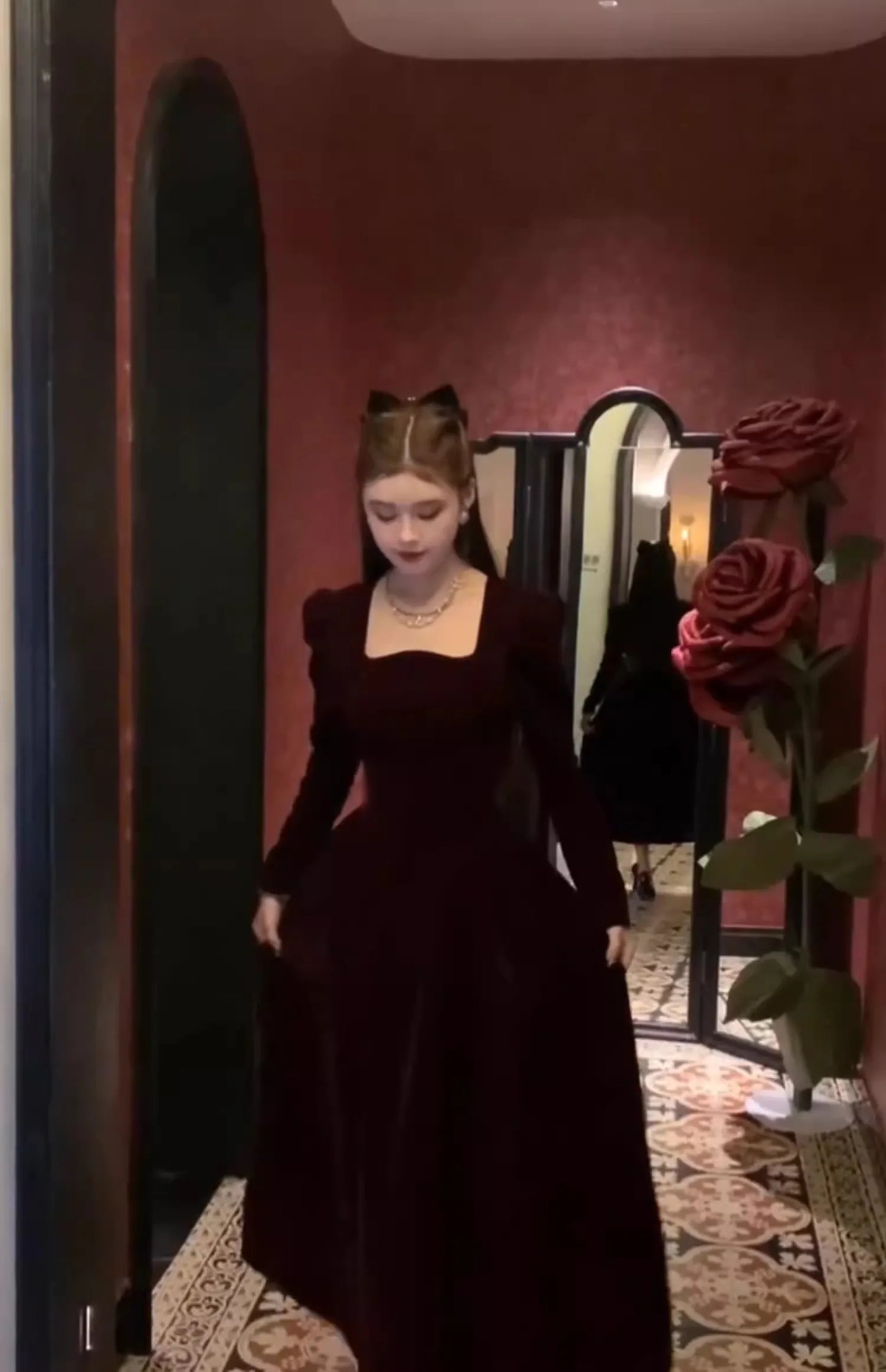 French Vintage Christmas Red Velvet Dress Square Collar Evening Party Prom Vestidos Women Elegant Autumn Winter Clothes