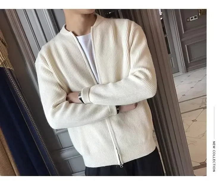 Autumn Winter Men's Solid Color Knitted Cardigan Sweater Jacket Casual Slimming Top Fashionable White Coat