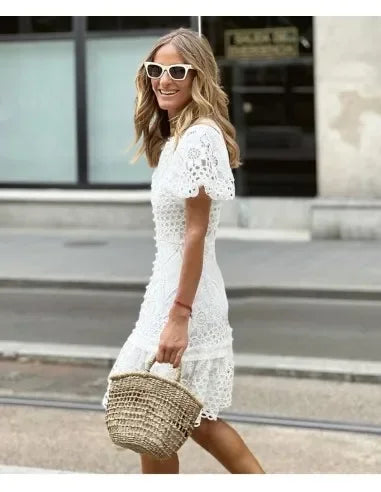 Dress Women Lace Slim Fits Solid Mini Package Hip Short Sleeve Bodycon Dress V-neck Summer French Style Sheath Dress