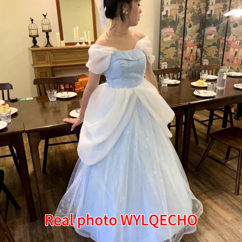 Blue Prom Dress Engagement Jacquard Dress France Vintage Sweet Korean Princess Fairy Dress Evening Party Dress