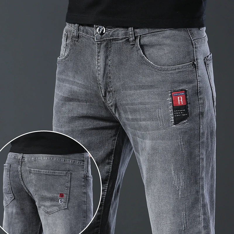 2024 New Fashion Jeans Men Korean Style Straight Grey Middle Waist Pants Male Casual Denim Trousers