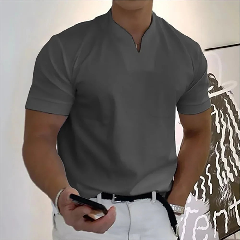 2024 Summer Beach Short Sleeve Solid Color V-neck T-shirt Micro Elastic Muscle Men's top 12 Color Daily Casual Sports Clothing