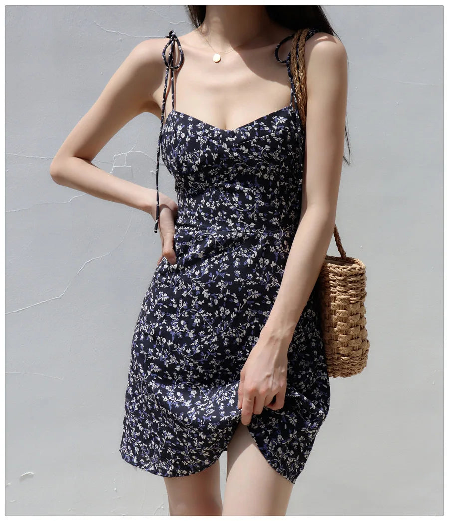 Bandage Floral Spaghetti Strap Dress Womens Y2k Clothes Sleeveless Mini Fashion Summer Short Party Backless Dresses for Women