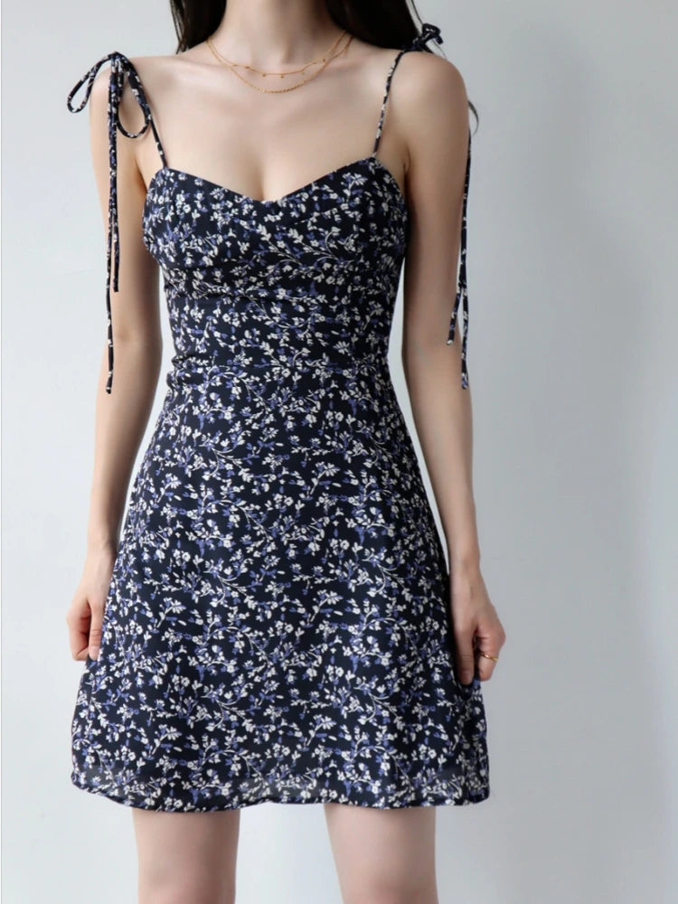Bandage Floral Spaghetti Strap Dress Womens Y2k Clothes Sleeveless Mini Fashion Summer Short Party Backless Dresses for Women