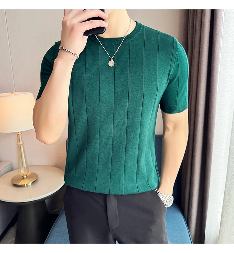 2024 New High Quality, Business Casual Men's Short-Sleeved O-neck Sweater, Daily Slim Fit T-shirt, Stretchable Striped Top M-3XL
