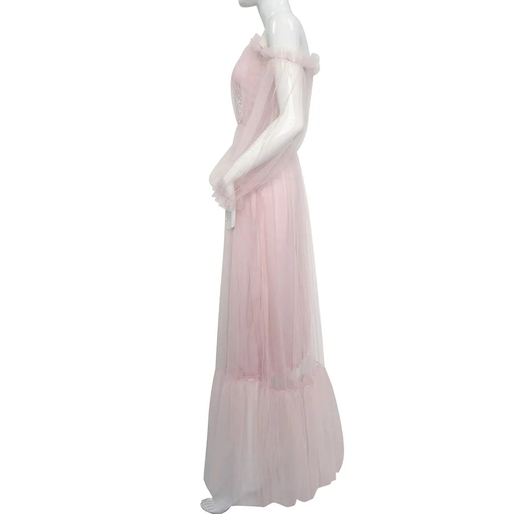 Off Shoulder Sweetheart Overlay Tulle Champagne Bloom Flower Bridal Dress Women Dress Fairy Solid Color Puffy Mesh Wedding Gowns