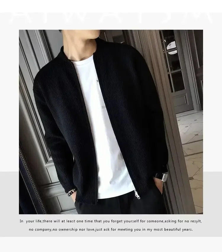 Autumn Winter Men's Solid Color Knitted Cardigan Sweater Jacket Casual Slimming Top Fashionable White Coat