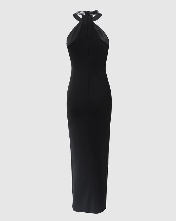 Sexy Women Dresses Rhinestone Decor Elegant Fashion Multi-Strap High Slit O-Neck Sleeveless Maxi Skinny Party Dress 2022 Summer