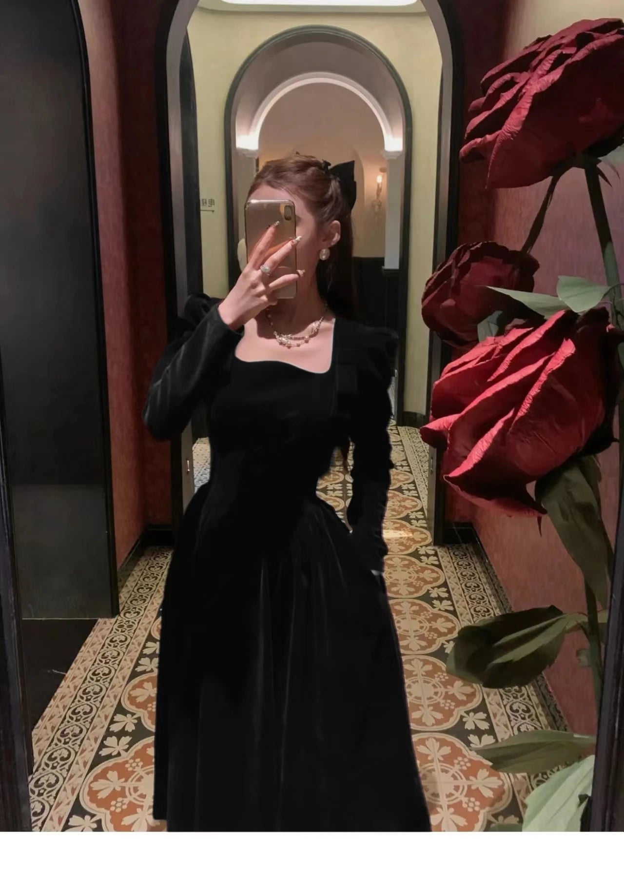 French Vintage Christmas Red Velvet Dress Square Collar Evening Party Prom Vestidos Women Elegant Autumn Winter Clothes