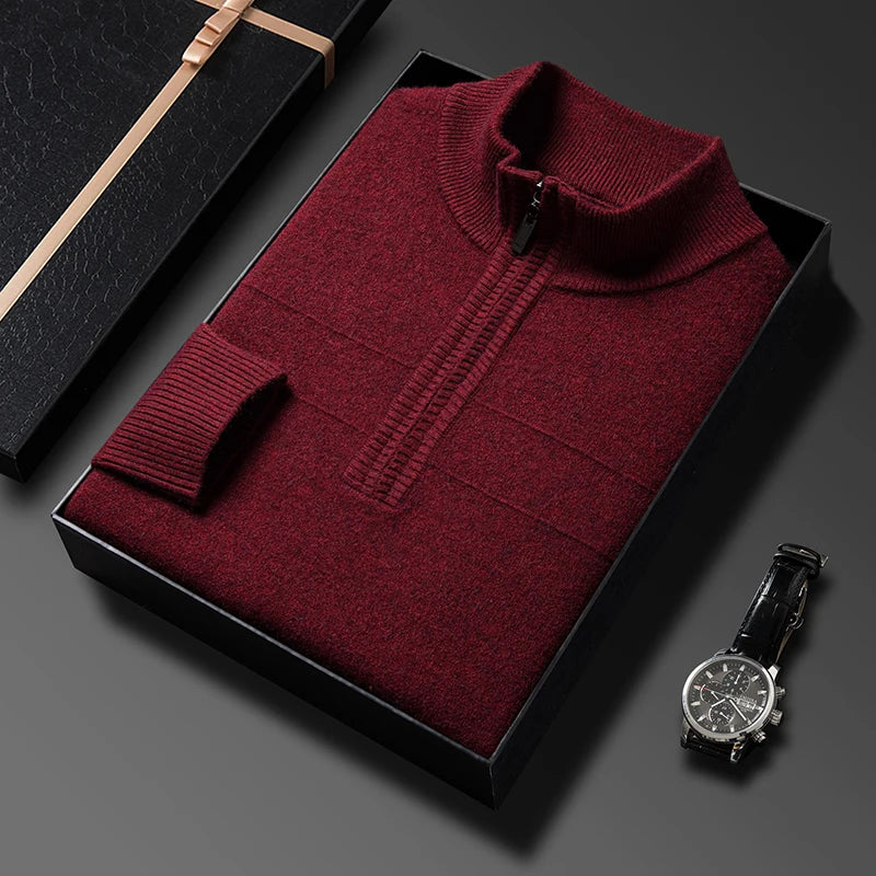 Men's autumn and winter high collar half zipper 100% wool sweater 2024 thick long sleeve warm pullover business casual knitted s